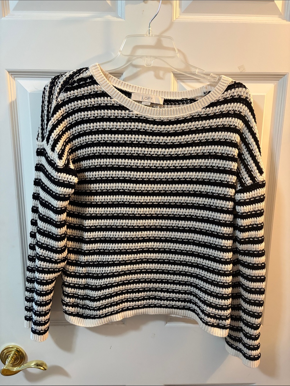 LOFT Black & White Striped Crochet-Style Crewneck Sweater